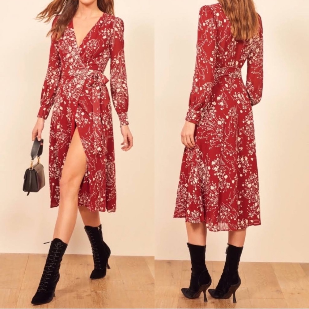 Reformation Susanna Wrap Floral Midi Dress Size XS Red Puff Sleeve